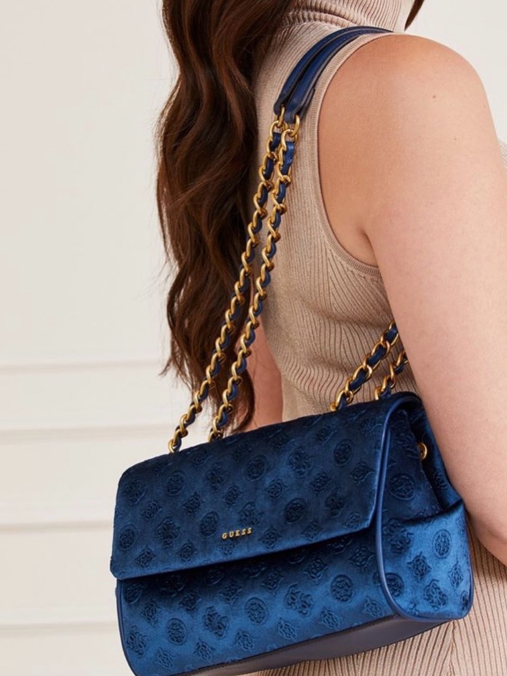 GUESS Blue Quilted Velvet Chain-Shoulder Bag